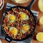 Sweet Potato Turkey Hash in a Skillet topped with 4 Eggs